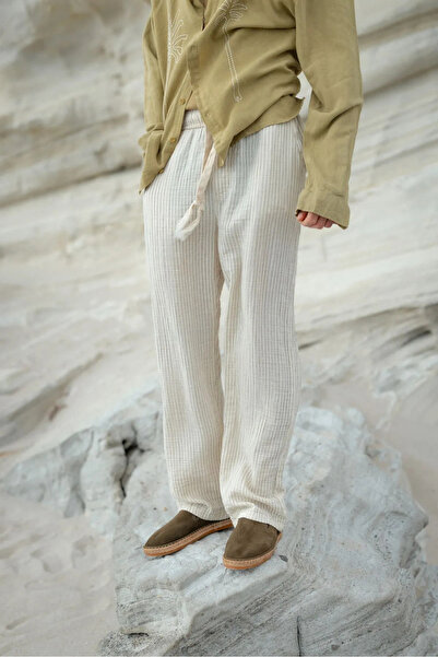 no7man Lyros Khaki Striped 100% Cotton Muslin Men's Trousers