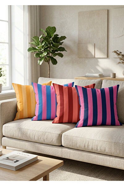 BUGİ HOME COLLECTİON 4 Lü Set Canlı Renkli Çizgili Dijital Baskılı Yastık Kır...
