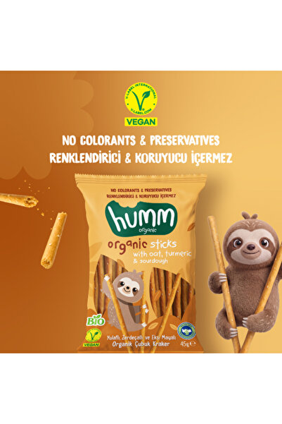 Humm Organic Organik Yulaflı Zerdeçallı ve Ekşi Mayalı Çubuk Kraker - 12 Adet