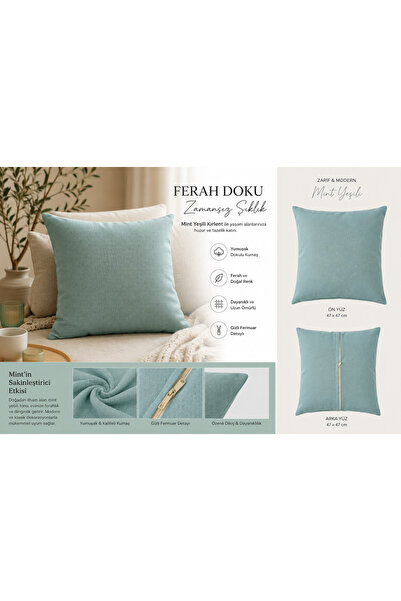 KİLİAHOME Mint Yeşili Dokulu Dekoratif Kırlent Kılıfı ve İç Dolgusu – 47x47 c...