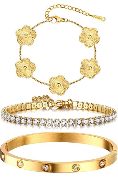CCILIYC Womens Stackable Floral Gold Bracelets - 3Pcs 18K Gold Plated Bracele...