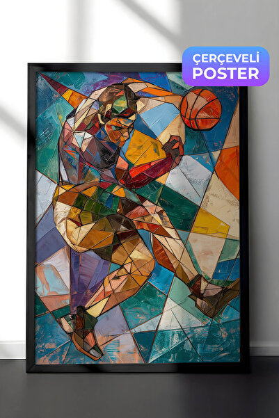 Zestia Pictură murală modernă în stil cubist, înrămată în negru, cu figura un...