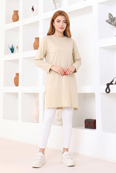 nacar çarşı Women's Sand Beige Oversize Tunic T-Shirt – Long Sleeve, Round Ne...