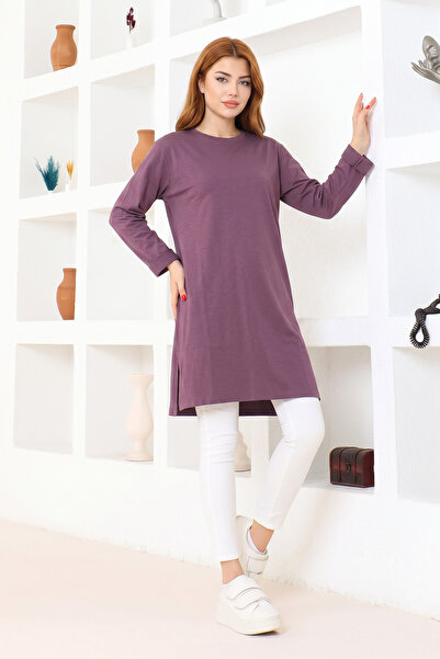 nacar çarşı Women's Plum Oversize Tunic T-Shirt – Long Sleeve, Round Neck, Re...
