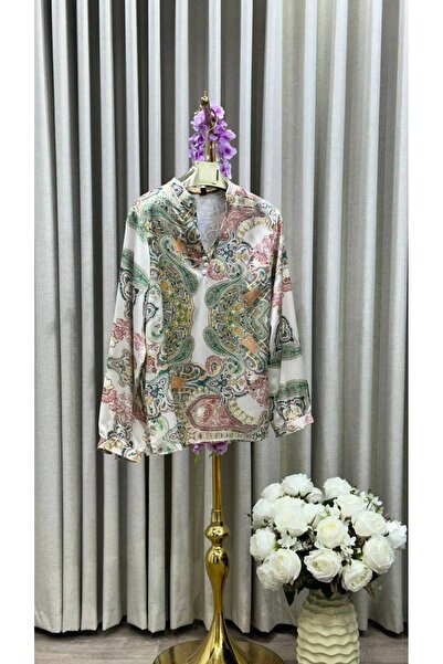 Verona بلوزة نسائية طويلة الأكمام بقصة مريحة، ياقة قميص، ونقشة Paisley/زخارف شرقية متعددة الألوان
