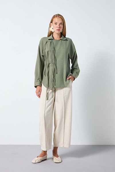 minaaise Women's Khaki 100% Linen Special Design Premium Shirt 31191