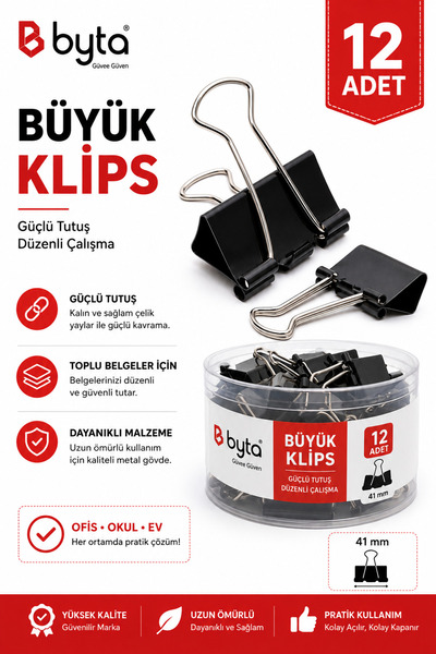 BYTA Black Clips 19 mm – 12 Pieces of Metal Clips for Documents and Paper