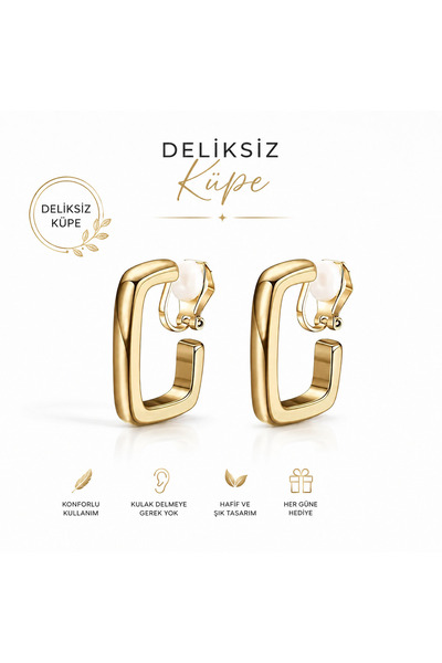 1PARÇAMAVİ Hole-Free Compression Clip-On Women's Earring - Rectangular Hoop E...
