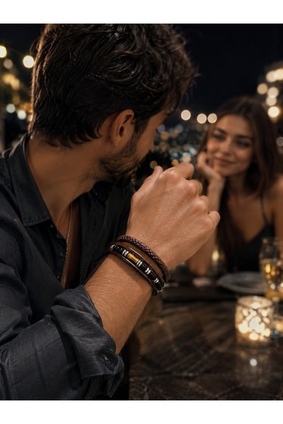magıcgrange Men's Leather Bracelet, Tiger's Eye and 3mm Black Onyx Natural Stone, Hematite Detail, Real Calfskin Weave, Magnetic Lock Men's Bracelet