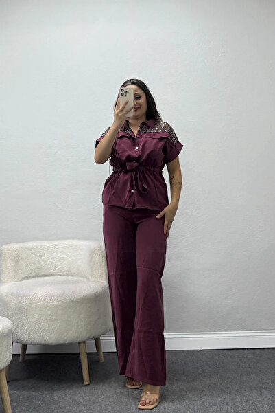 BELENDİR Women's Sequin Detailed Woven Modal Suit Burgundy