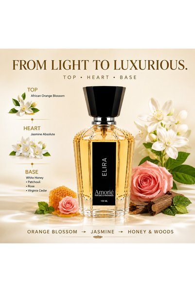 Amorie PERFUMES & FRAGNANCE Amorie Perfumes & Incense ELIRA Eau de Parfum Unisex 100ML, Floral Amber Woody Fragrance with Orange Blossom, Jasmine, White Honey, Patchouli, Rose & Cedar for Men & Women