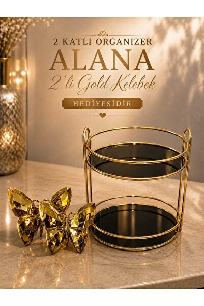 Banyo Kozmetik Takı Düzenliyici Çok Amaçlı Organizer 2 Katlı Servis Sunum Tepsisi İkramlık Gold