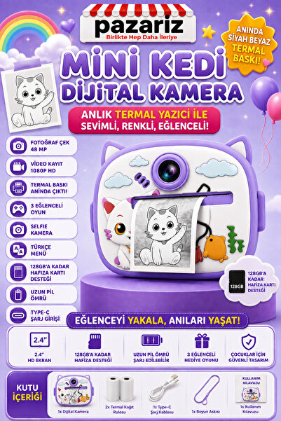 pazariz Çocuk Dijital Kamera Kedi Temalı Termal Yazıcılı 2.4 İnç Ekran Fotoğraf Video Selfie 3 Oyunlu Anında Baskı Makinesi Print Kamera Çift Kamera, Silikon Kılıf