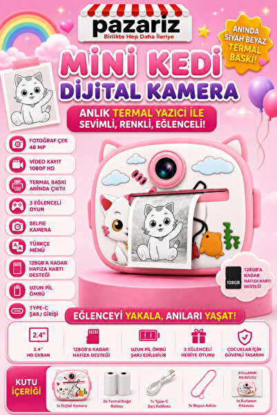pazariz Çocuk Dijital Kamera Kedi Temalı Termal Yazıcılı 2.4 İnç Ekran Fotoğraf Video Selfie 3 Oyunlu Anında Baskı Makinesi Print Kamera Çift Kamera, Silikon Kılıf