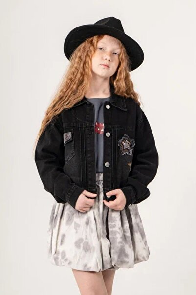 GİYİCEM TEKSTİL Girl's Star Patch Embroidery Detailed Denim Jacket 1550-2