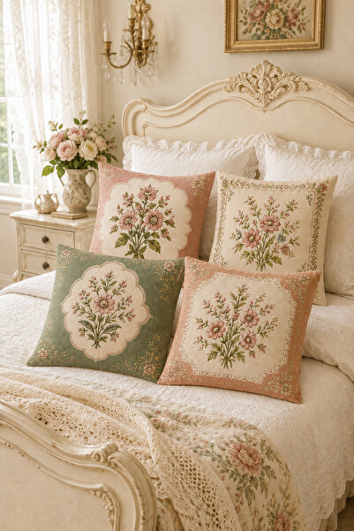 ayshome textile Ays Home Vintage Desenli Üst kalite 4'Lü Kırlent Kılıfı Seti Yatak Odası Salon (43x43)