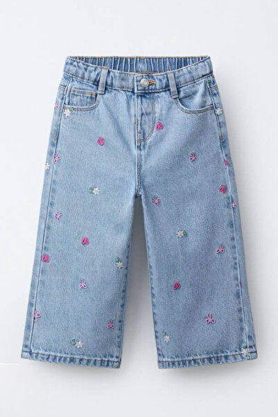 NOBLEKIDS Girl's Floral Embroidered Denim Trousers Blue