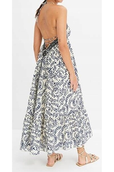 NO BRAND Rochie, lungime până la gleznă, tip halter, din bumbac, bej, cu mode...