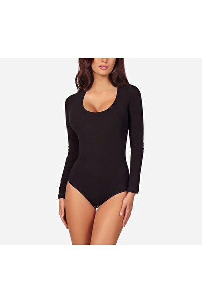 NO BRAND Body damă din bumbac elegant cu mânecă lungă czarnew M
