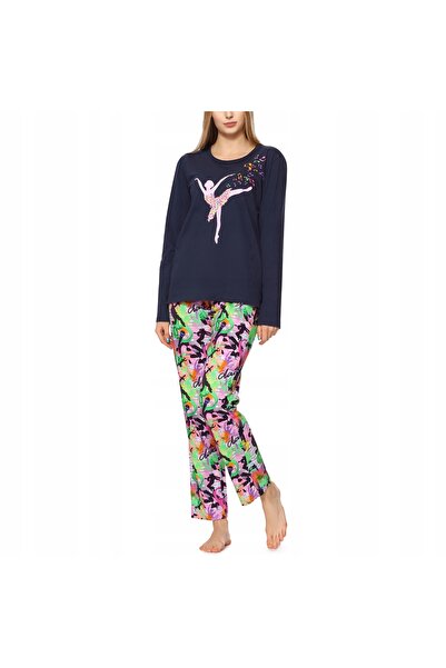 NO BRAND Pijamale de damă din bumbac, cu mânecă lungă, MS-417 Bleumarin XXL