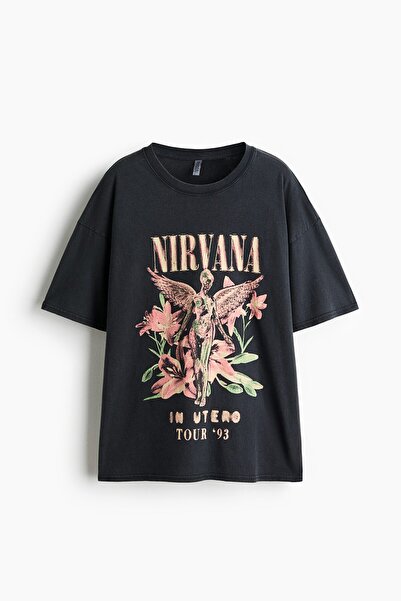 H&M Baskılı Oversize Tişört