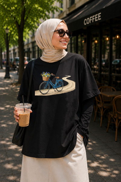BAGAND Premium Floral Bicycle Printed Oversize Unisex T-Shirt Black Vintage T...