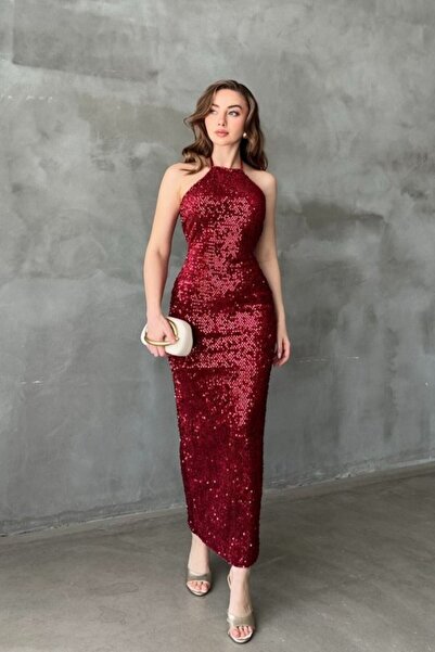 ELBEE Burgundy Halter Neck Dress with Tie-Detail Sequins