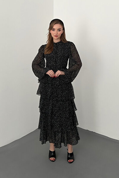 ELBEE Black Polka Dot Chiffon Floor Dress