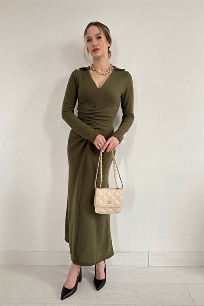 Elbee Fashion Woman Khaki Gathered Knitwear Fish Dress