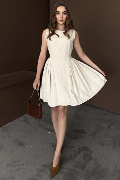 Elbee Fashion Woman Beige Mini Length Gathered Linen Dress