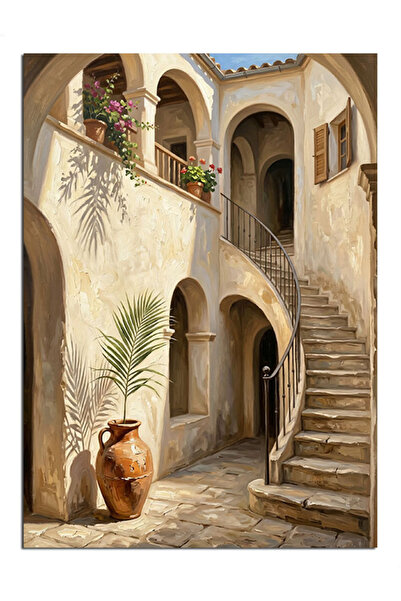 Artmeg Pânză decorativă Curtea Mediteraneană cu scări de piatră - Masă din le...