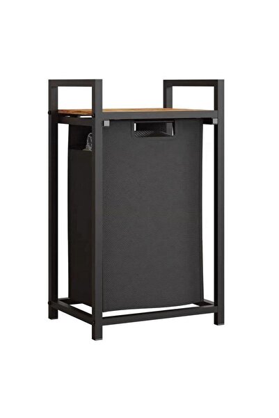 Zâna Casei Coș de rufe din metal negru cu raft din lemn 50x32.5x71cm - 45L