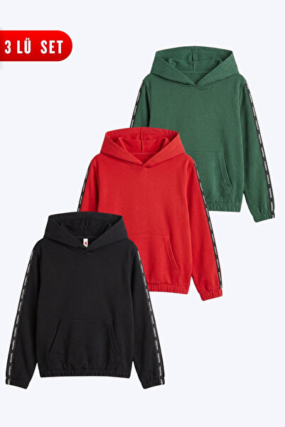 FYK KİDS 3-Piece Girls' Hooded Sweatshirt with Kangaroo Pockets and Stripe De...