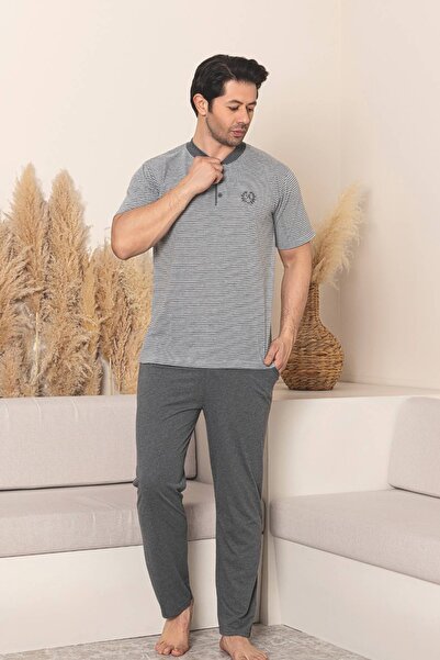 ALİMER Men's Pajama Set - Gray Striped Short Sleeve Combed Cotton 1219Ky