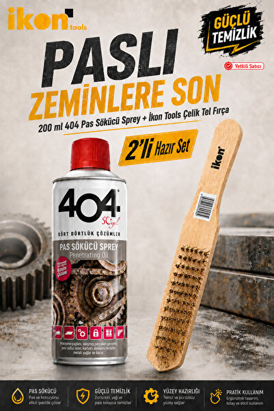 İkon Tools 404 Pas Sökücü Sprey 200 ml + Ahşap Saplı Çelik Tel Fırça 2’li Pas...