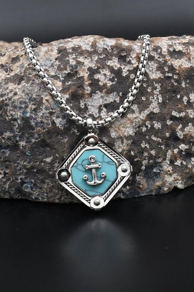 Prestige Anchor Figured Turquoise Stone Necklace Stainless Steel Chain 902905