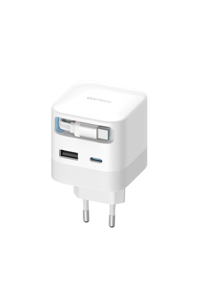 Cuktech AD653W 67W GaN Wall Charger with Retractable USB-C Cable, USB-C/A, White