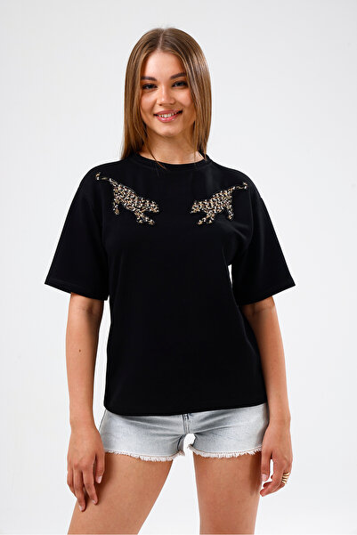 Madame QAN's Sequin Double Tiger Embroidered Premium Fabric T-Shirt