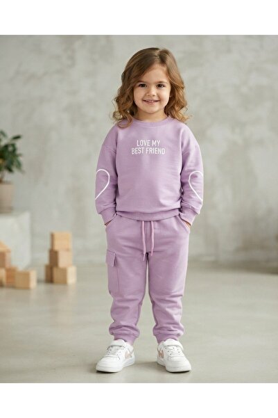 Ege Bebek Girl's Seasonal 2-Strand Heart Printed Top and Bottom Tracksuit Set...
