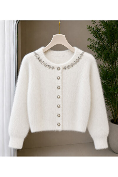 Elysira Women's Collar with Stone Detail, Plush Look Knitwear Basic Cardigan