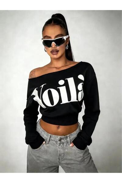 Machetta Women's Boat Neck Crop Voila Printed Sweatshirt