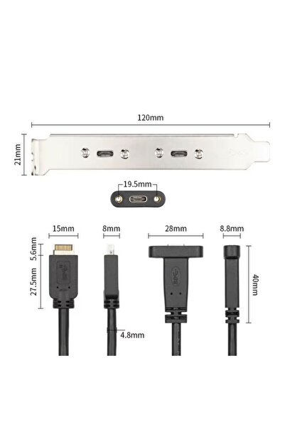 Alfais 6076 Type E to Type C Ön Panel Usb C Uzatma Kablosu Braket Adaptörü 3.1 Çevirici Dönüştürücü