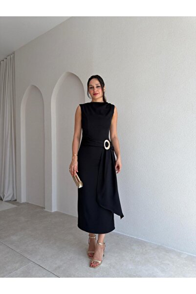 Mooi Butik ORİON Broş Detaylı Midi Elbise 4050 - Siyah