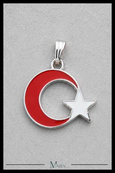 MAZEN Türk Bayrağı Ay Yıldız Figürlü Gümüş Renk Kolye Ucu Kırmızı Beyaz Tasarım
