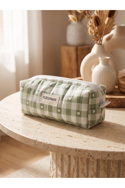 PURSEMARK Green Heart Gingham Patterned Large Zippered Pen Holder – Multi-Purpose Fabric Pencil Case