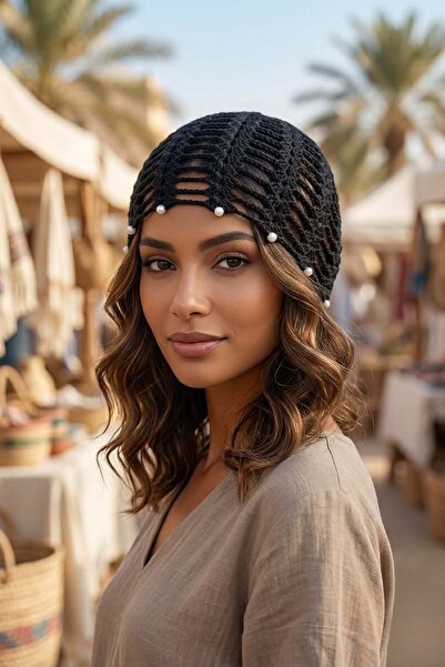 GRI MOR TEKSTIL 100% Hand Knitted Pearl Bead Detailed Mesh Beanie