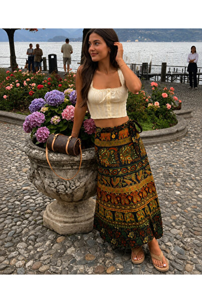 laviyonsa Waist-Wrapped Ethnic Patterned Cotton Long Skirt Std 34-48