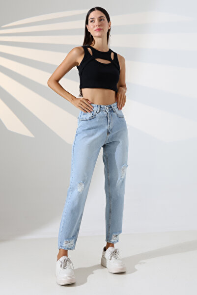 sports here Pantaloni din denim cu talie înaltă, cu detaliu rupt, croială rel...