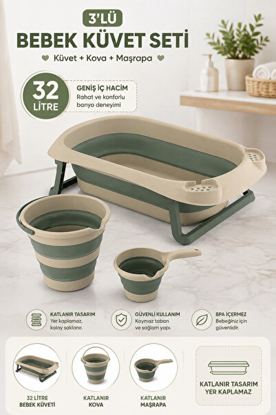 Zuu Baby Drop Seri 3’lü Bebek Banyo Seti BEJ– 32 L Katlanabilir Küvet, Kova v...