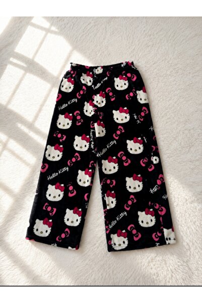 eyonnwear Unisex Hello Kitty Desenli Siyah Polar Eşofman Altı Bol Paça Y2K Pi...